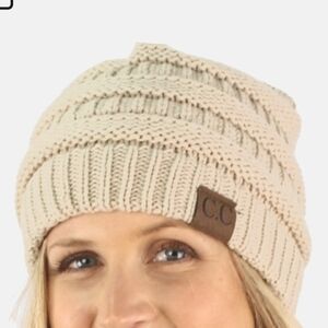 CC Exclusives Messy Bun Beanie Tail Dark Beige Knit Hat Ponytail